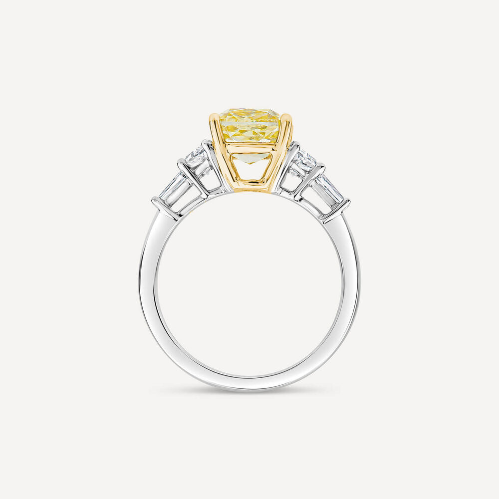 Born Platinum & 18ct YG 2.6ct Yellow Cushion Centre Tapered Shaped Lab Grown Diamond Sides Ring image number 3