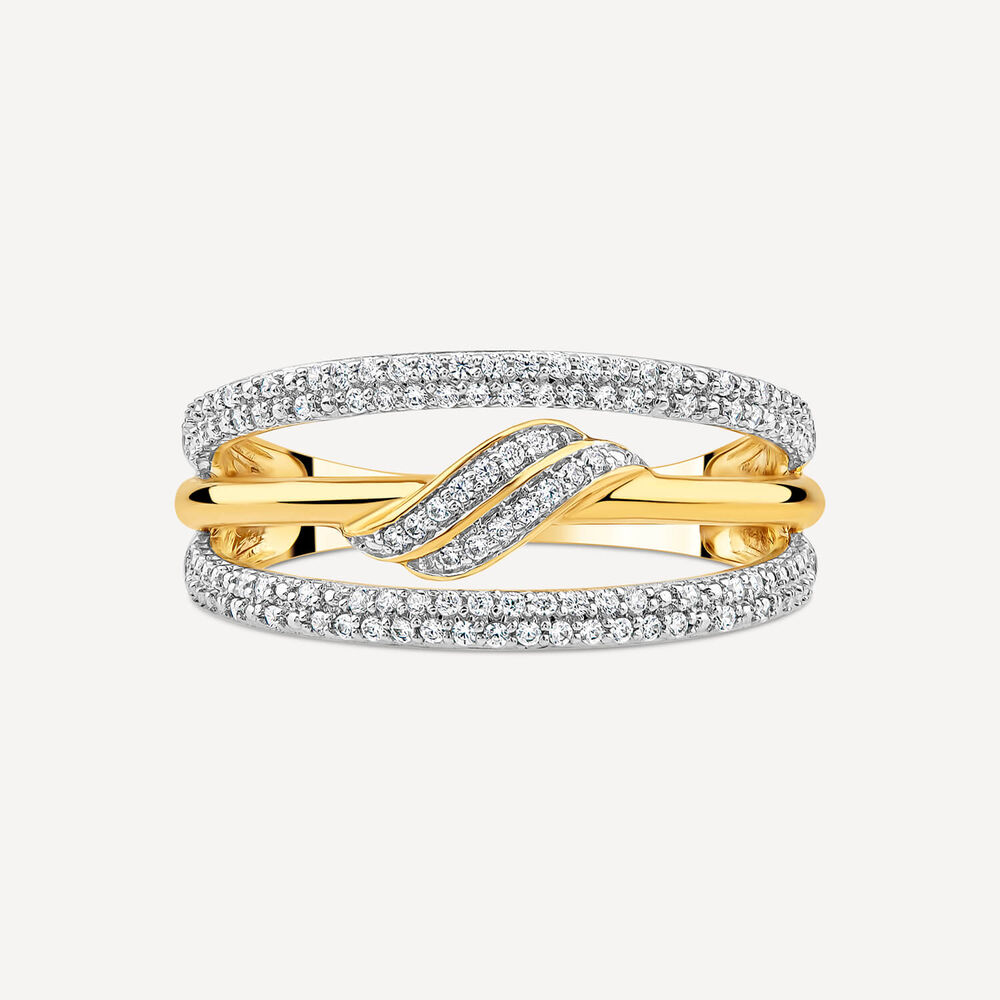 9ct Yellow & White Gold Three Strands Pave 0.25ct Diamond Polished Band Ring