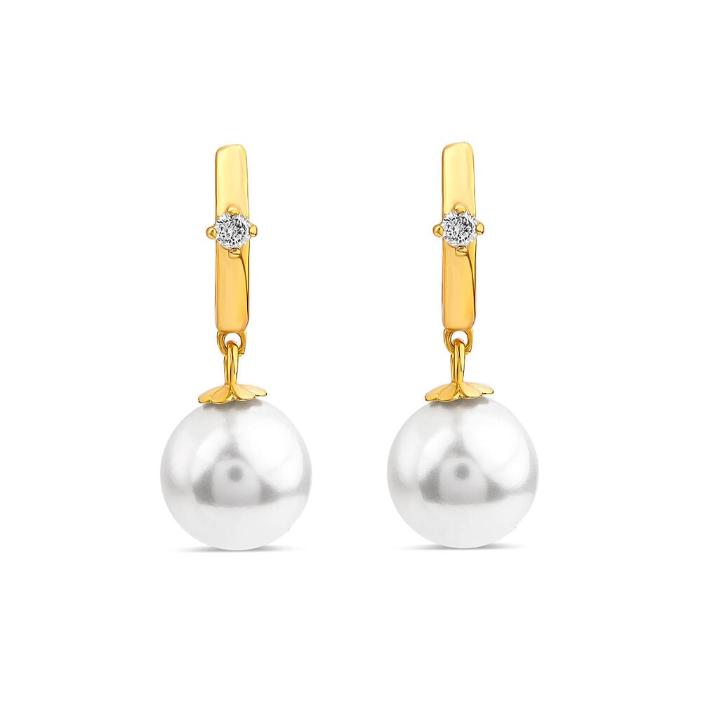 Yellow Gold Plated Sterling Silver Hoop Cubic Zirconia & Pearl Drop Earrings image number 0