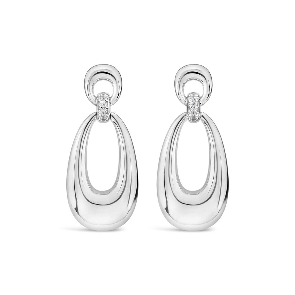 Sterling Silver Cubic Zirconia Set Open Polished Oval Drop Earrings