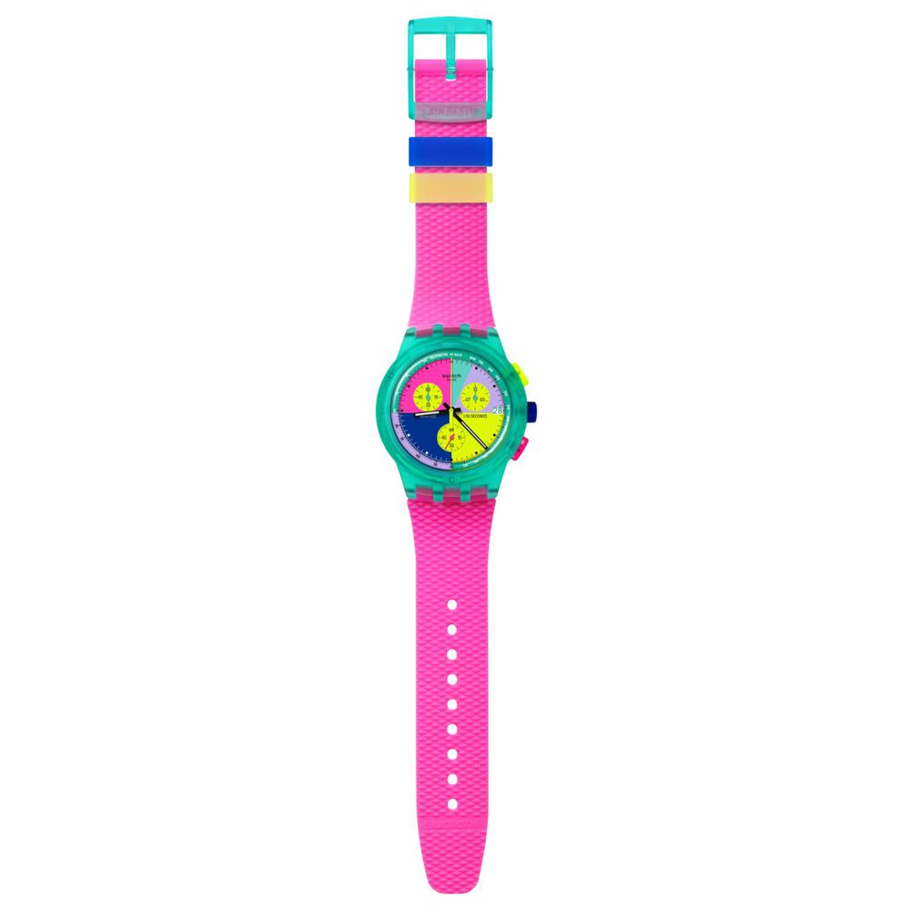 Swatch Neon Flash Arrow Chronograph 42mm Multi-Coloured Dial Pink Silicone Strap Watch image number 2
