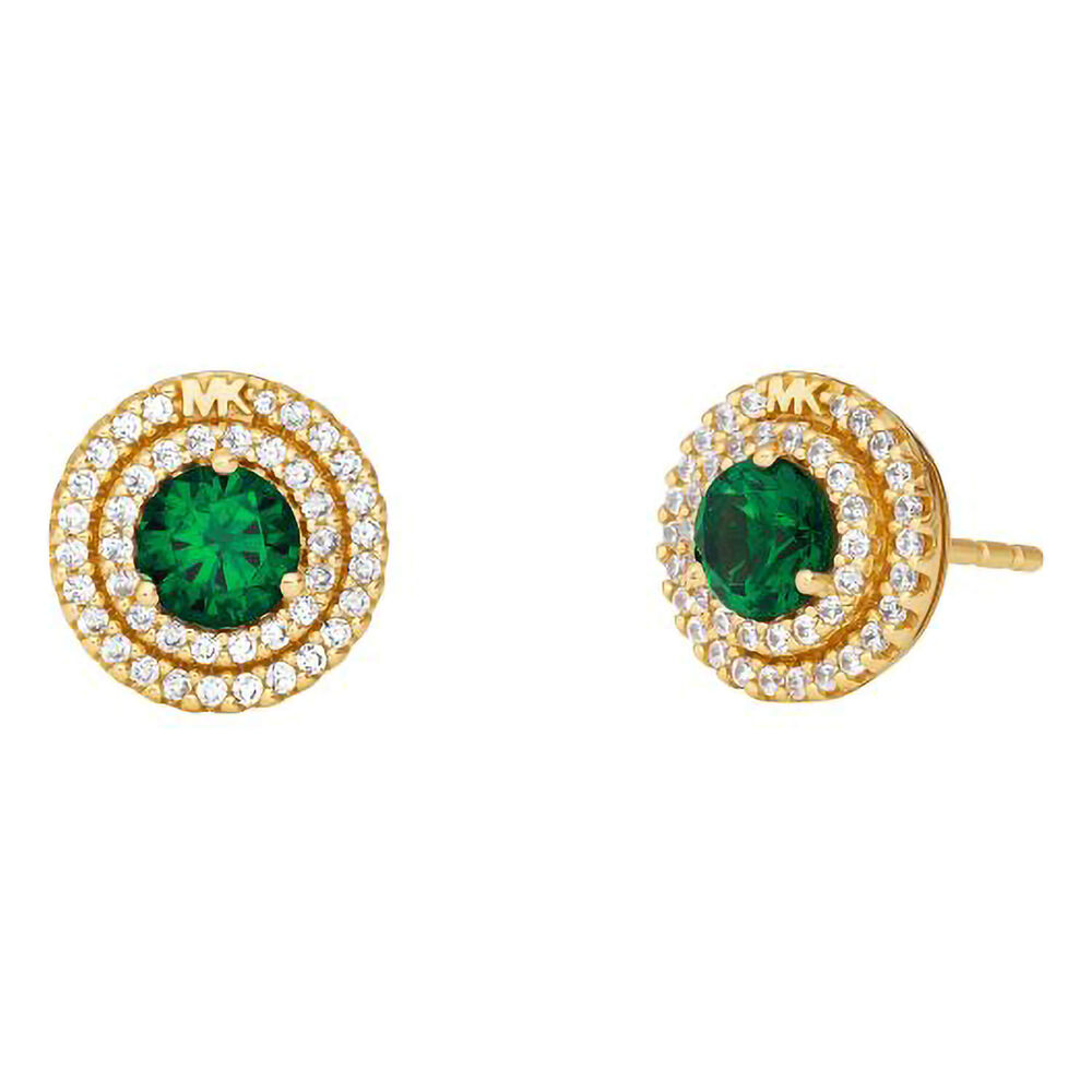 Michael Kors Brilliance Yellow Gold Plated Green Stone Double Halo Stud Earrings