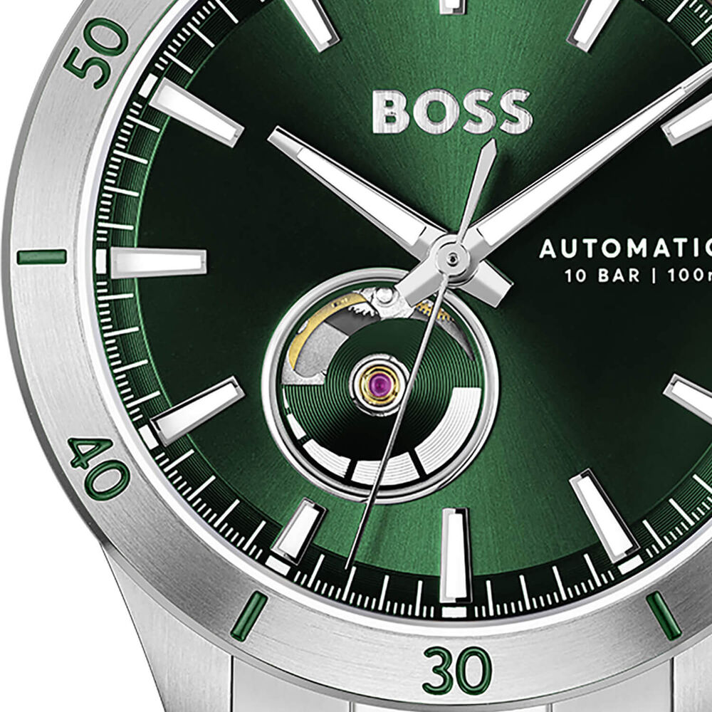 BOSS Troper Automatic 42mm Green Open Heart Dial Steel Bracelet Watch