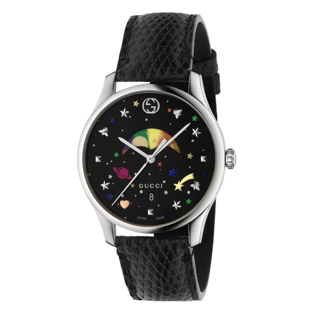 Pre-Owned Gucci G-Timeless 36mm Black Rainbow Dial Steel Case Leather Strap Watch