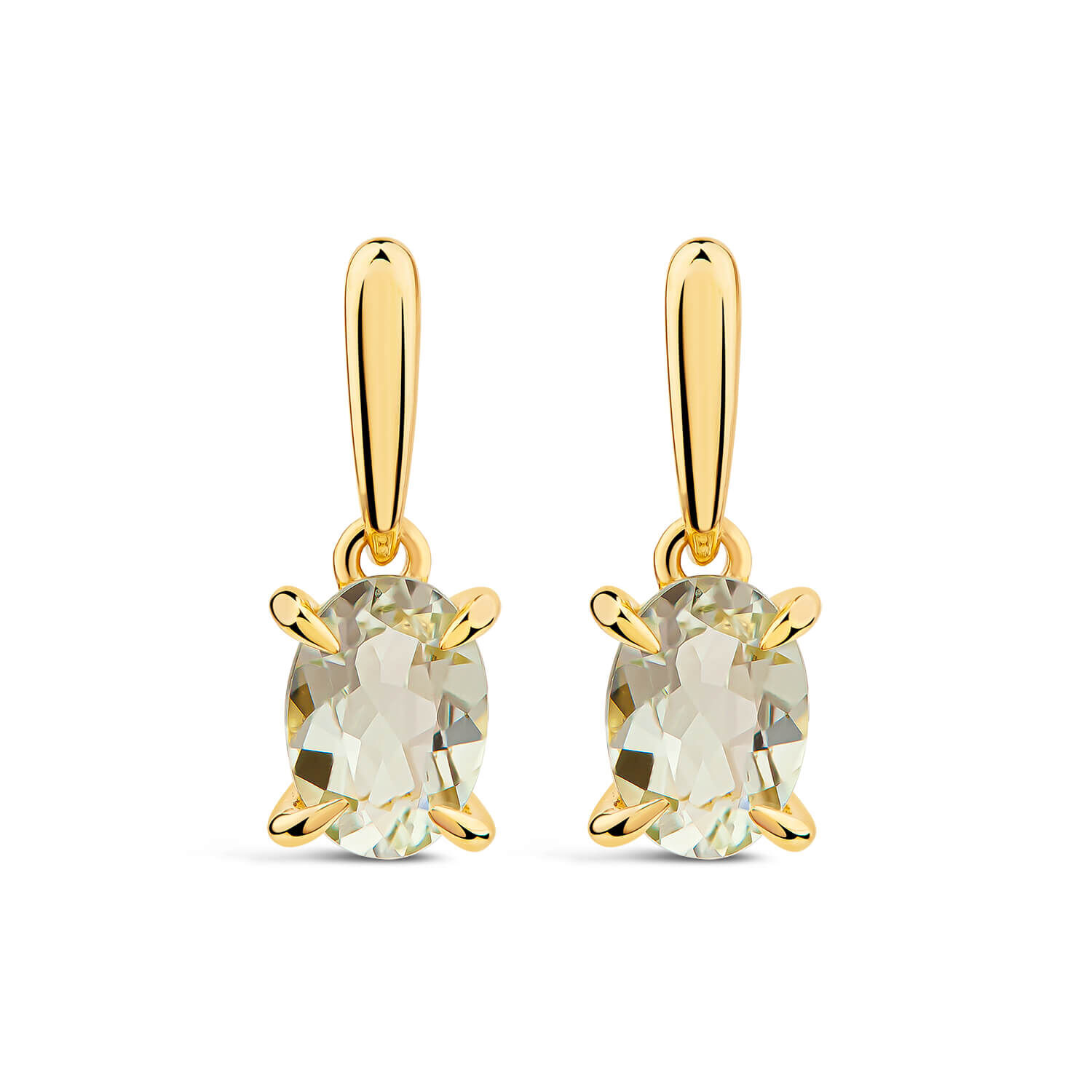 9ct Yellow Gold Oval Green Amethyst Drop Earrings
