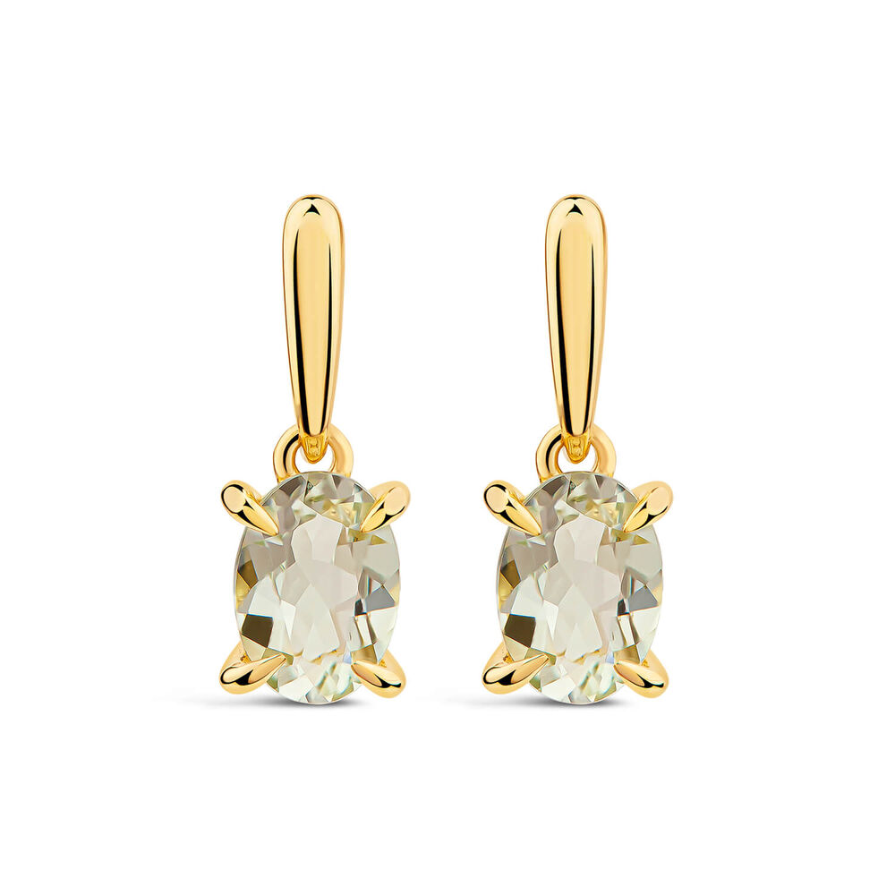 9ct Yellow Gold Oval Green Amethyst Drop Earrings image number 0