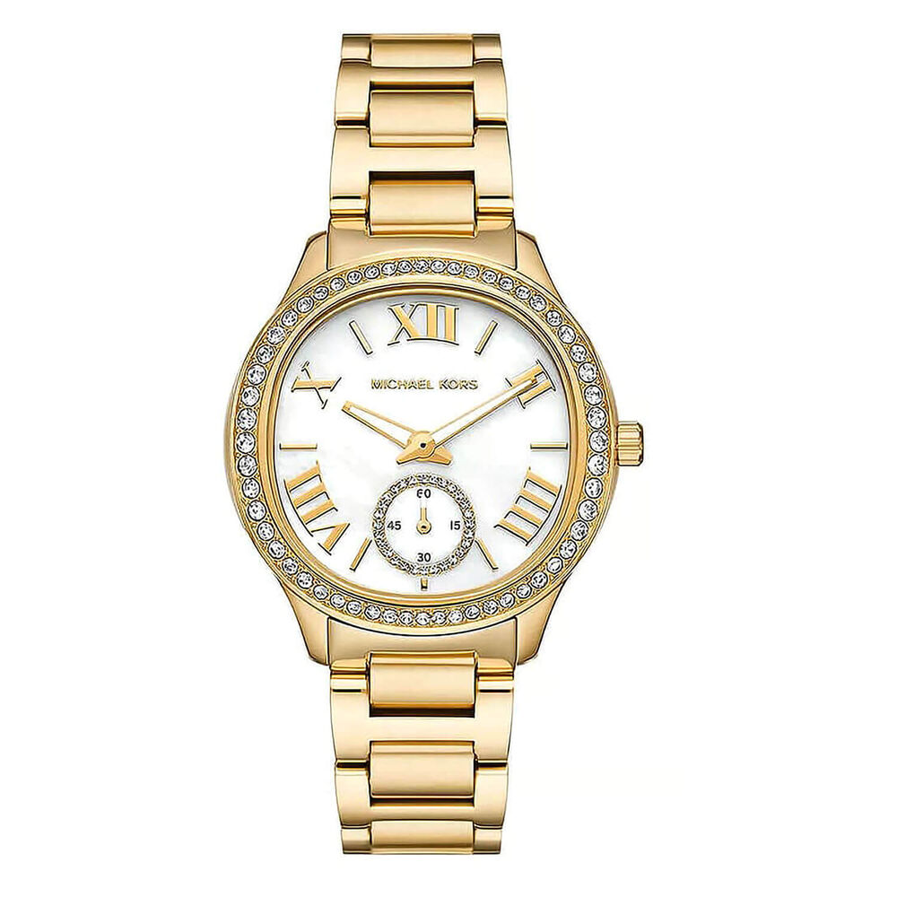 Michael Kors Sage 38mm White MOP Dial Yellow Gold Tone Steel Bracelet Watch