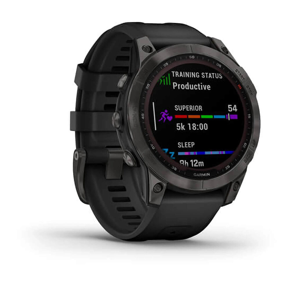 Garmin Fenix 7 Sapphire Solar Carbon Grey DLC Titanium Black Silicone Strap Watch image number 2