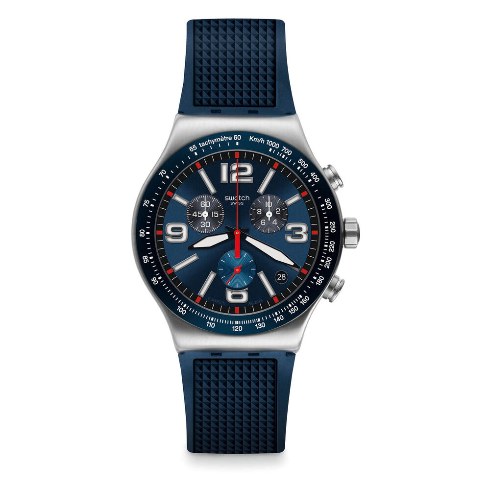 Swatch Irony Blue Grid 43mm Chronograph Steel Case Silicone Strap Watch image number 1
