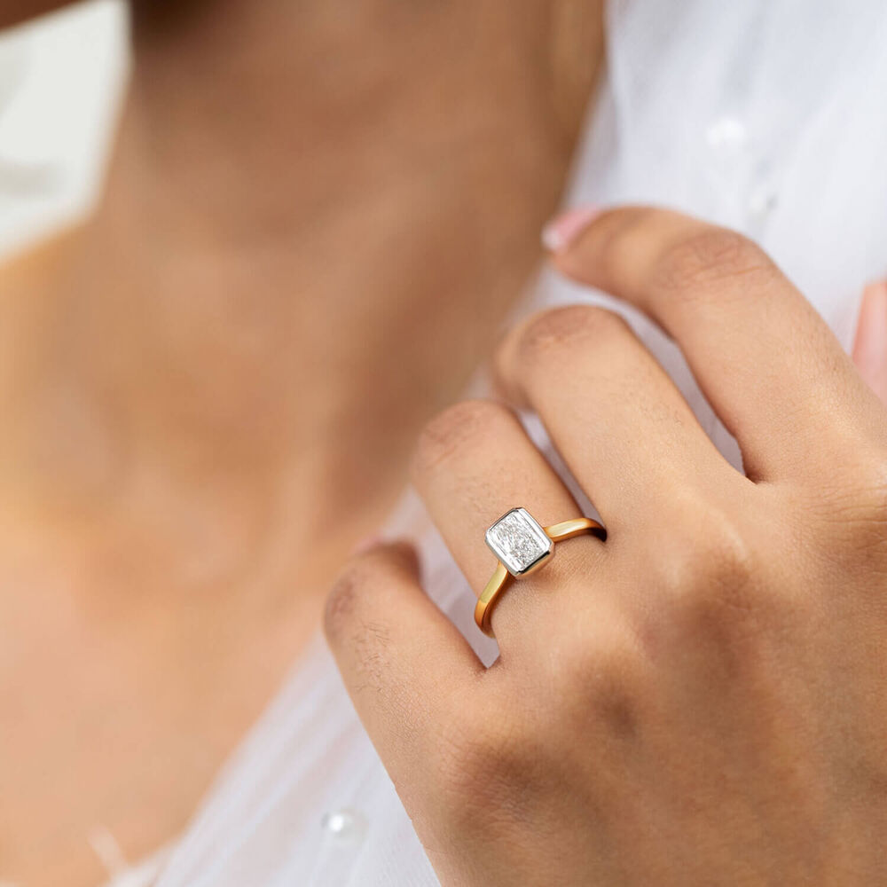 Born 18ct Yellow Gold 1.50ct Lab Grown Diamond Radiant Bezel Set Solitaire Ring