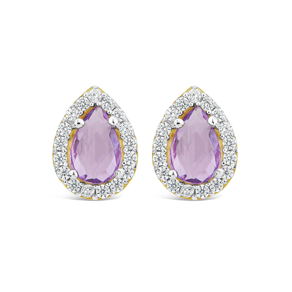 9ct Yellow Gold Pear Amethyst & Cubic Zirconia Stud Earrings image number 0