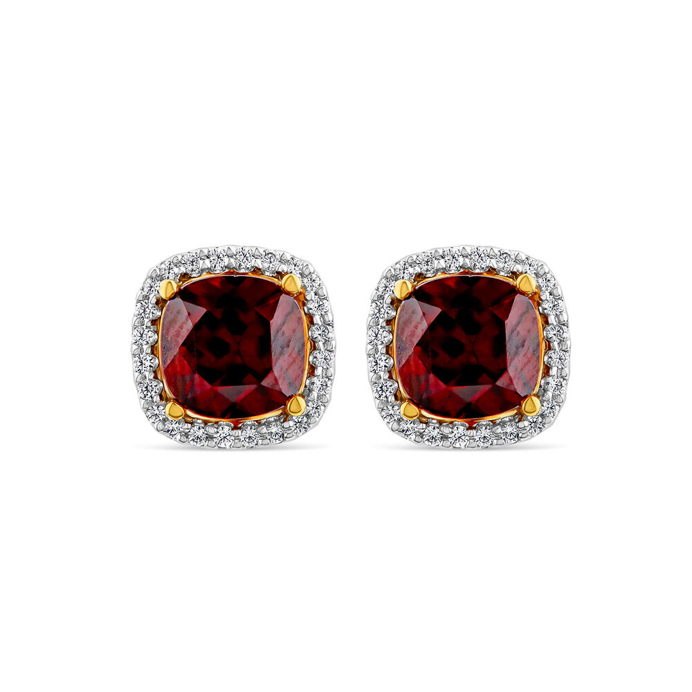 9ct Yellow Gold 0.15ct Cushion Garnet & Diamond Stud Earrings image number 0