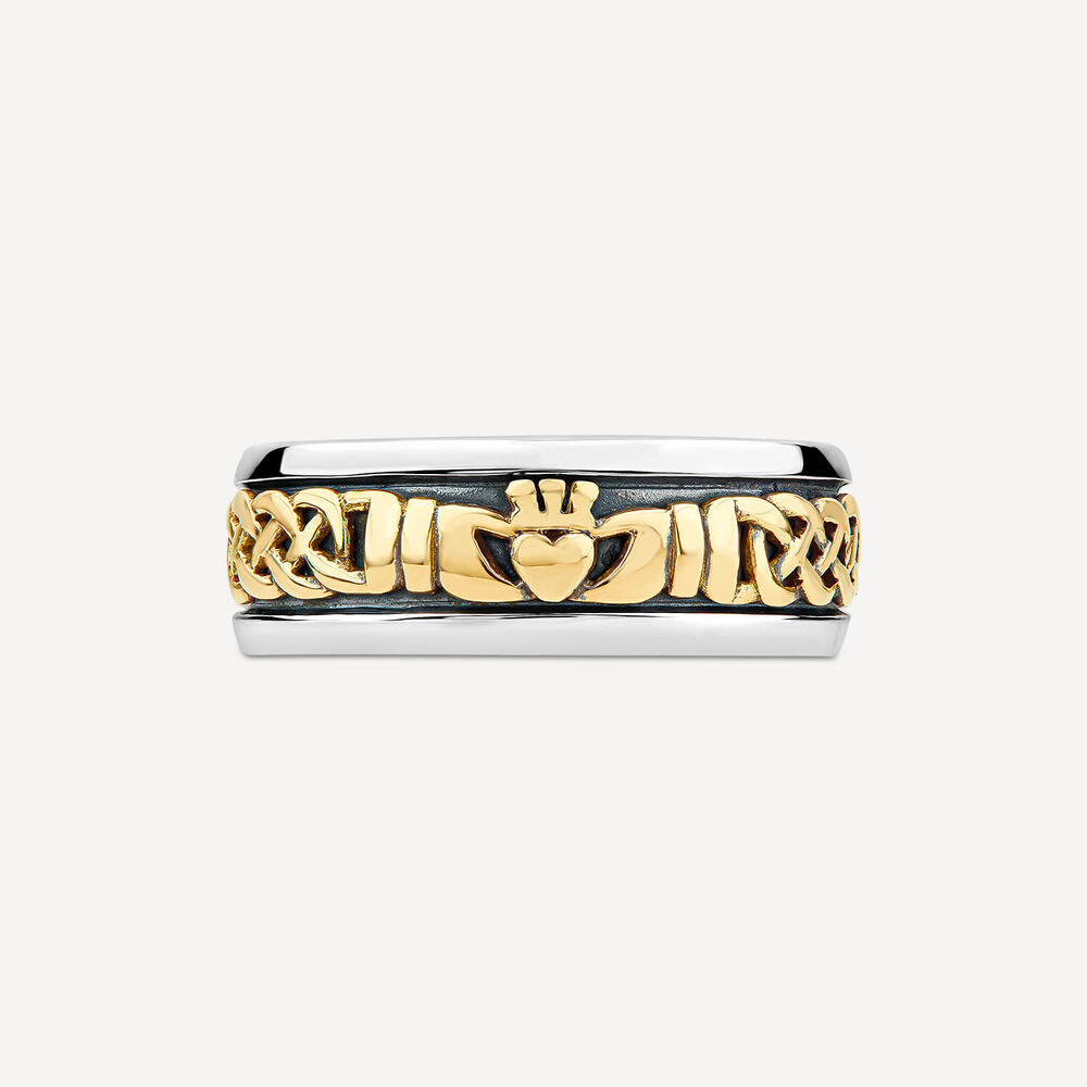 Sterling Silver & 9ct Yellow Gold Claddagh Celtic Knot Men's Band Ring image number 1