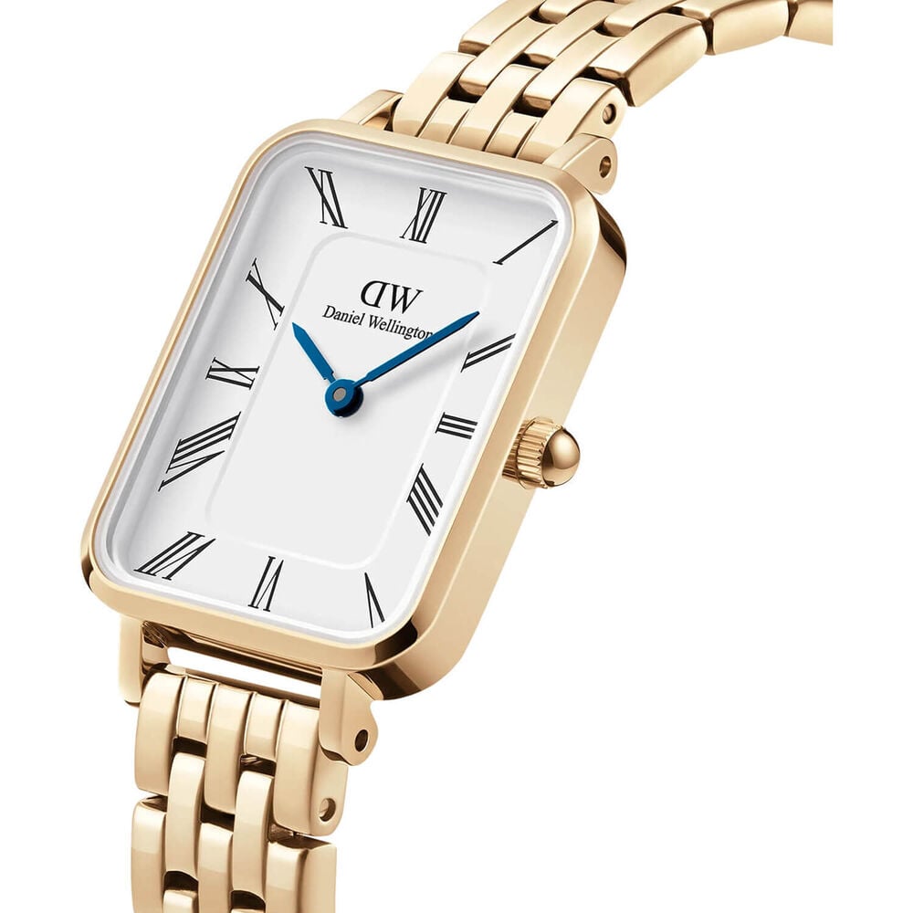 Daniel Wellington Quadro Roman Numerals 20x26mm White Dial 5-Link Gold PVD Bracelet Watch