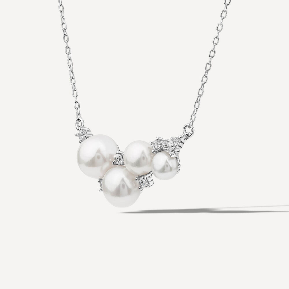 Sterling Silver Pearl & Cubic Zirconia Cluster Necklet image number 1