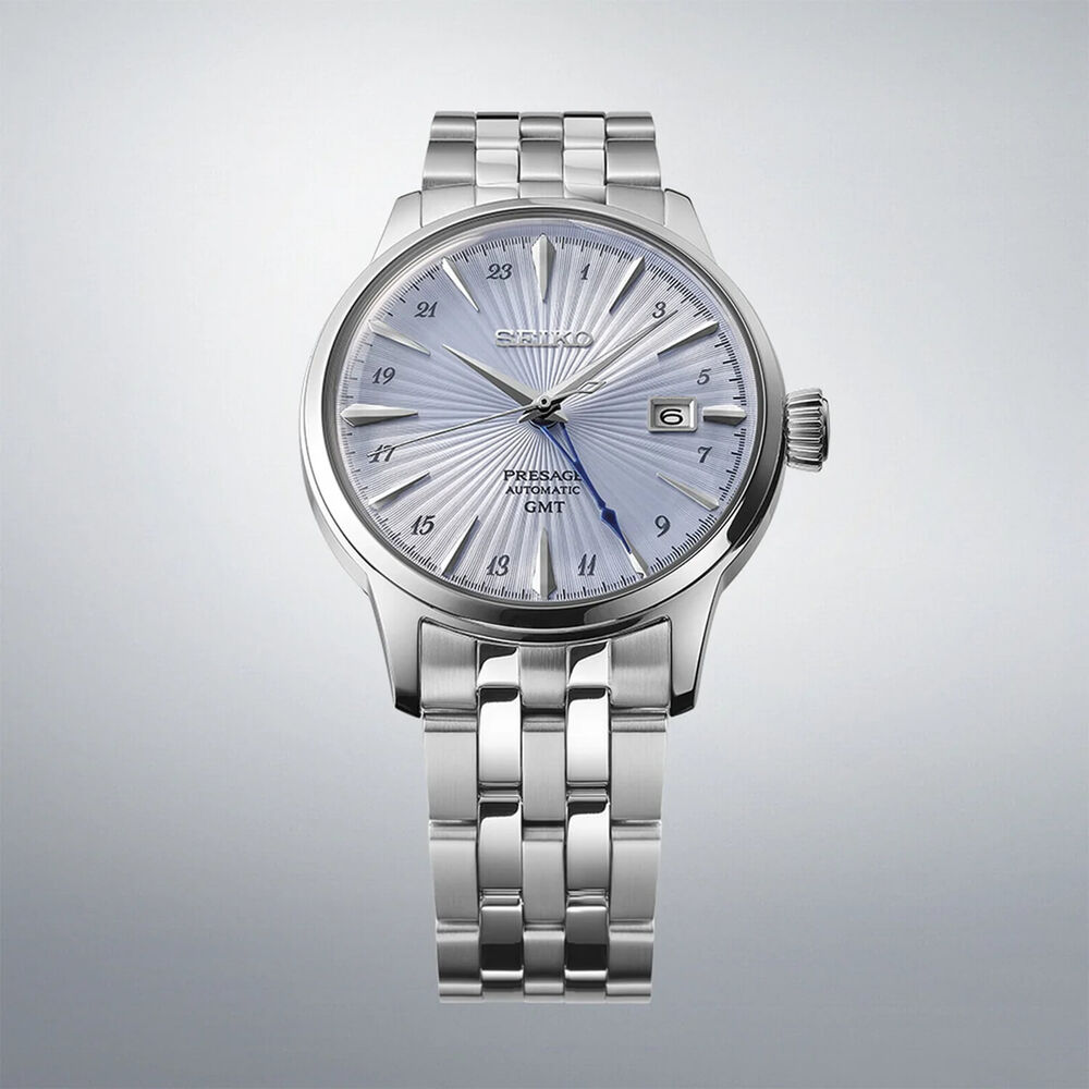 Seiko Presage Cocktail Time 'Skydiving' GMT 40.5mm Light Blue Dial Steel Bracelet Watch image number 3