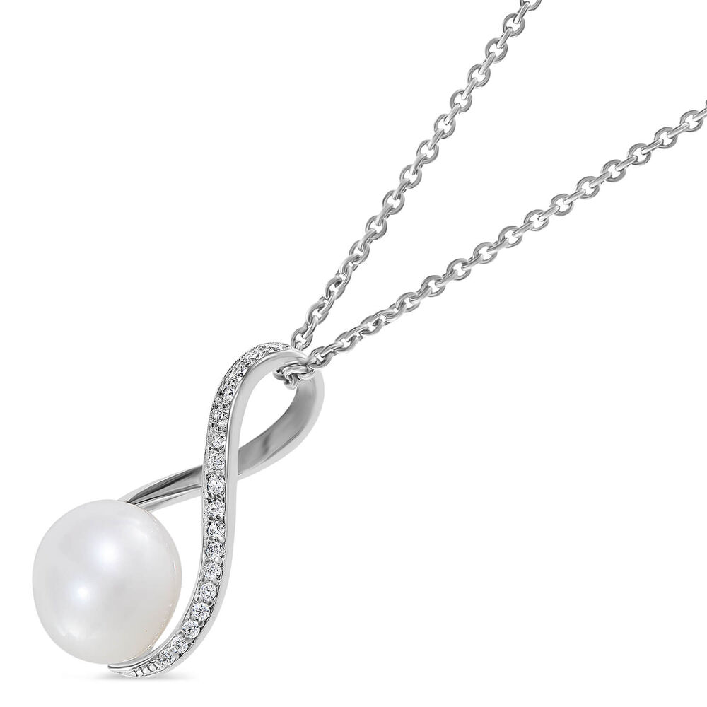 Ladies Silver Cubic Zirconia & Freshwater Pearl Twist Top Drop Necklace (Chain Included) image number 1