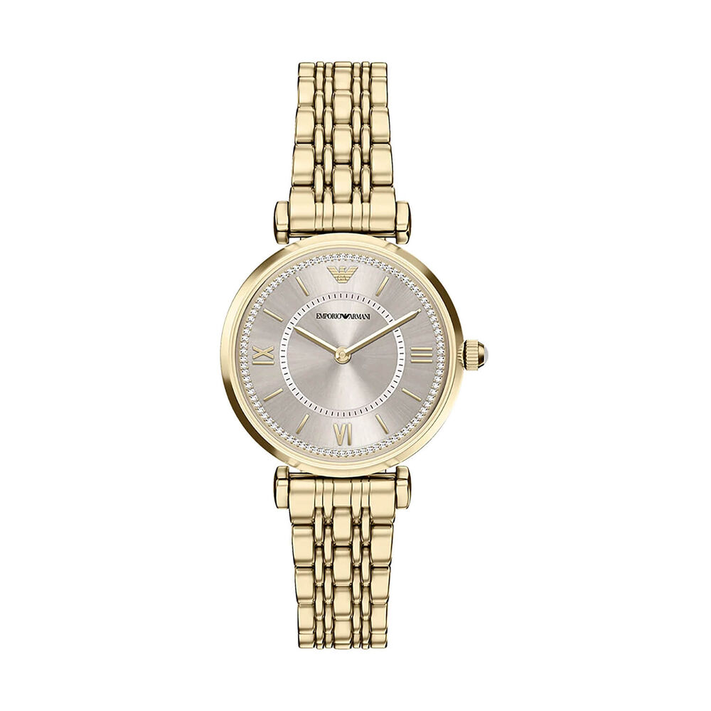 Emporio Armani Gianni T-Bar 32mm Beige Gold Dial Yellow Gold Tone Steel Bracelet Watch