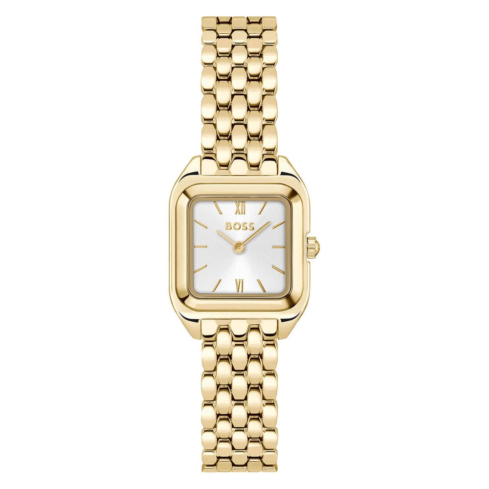 BOSS Mae Petite 22mm Square Silver Dial Gold Tone Steel Bracelet Watch image number 0