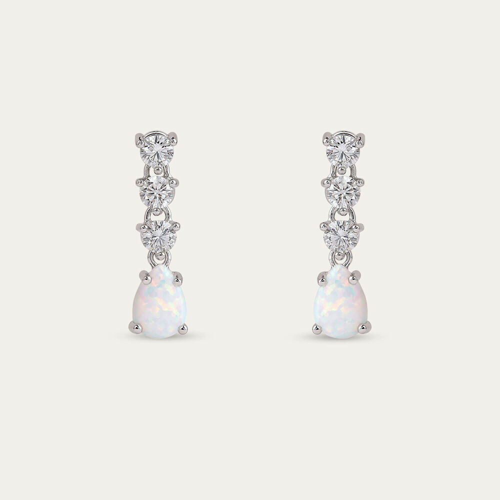 Sterling Silver Pear Opal 3 White Cubic Zirconia Top Drop Earrings