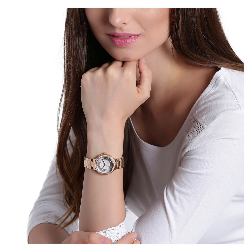 Fossil Virginia 28mm White Dial Rose Gold IP Case Bracelet Watch image number 8