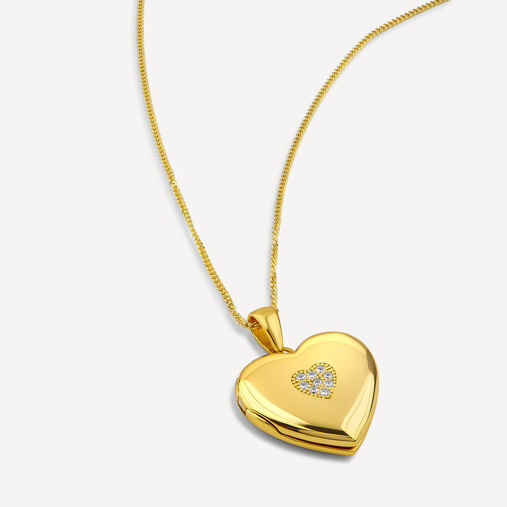 Yellow Gold Plated Sterling Silver Cubic Zirconia Centre Heart Locket Pendant