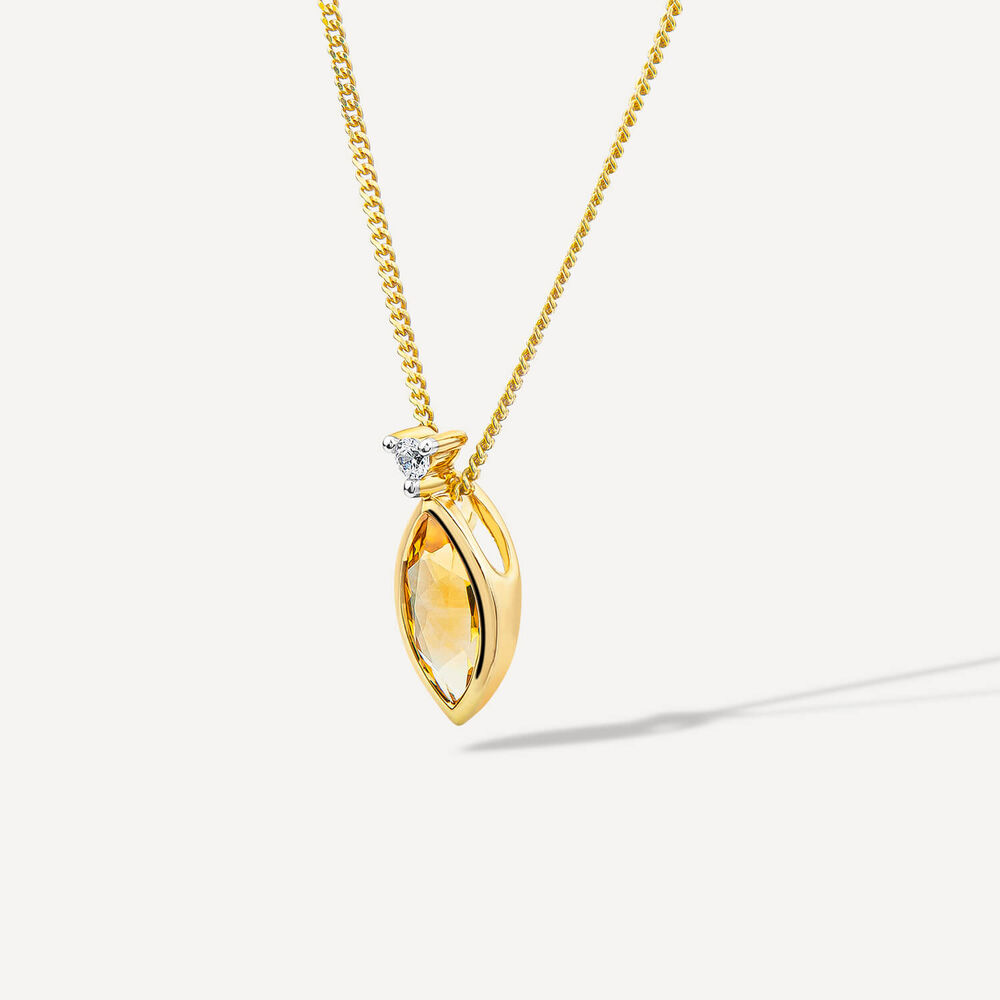 9ct Yellow Gold Marquise Citrine & 0.02ct Diamond Pendant image number 1