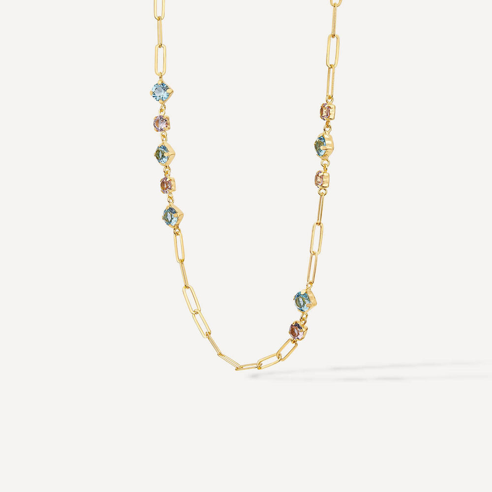 Silver & Yellow Gold Plated Coloured Stones Stationed Paperlink Necklet image number 1