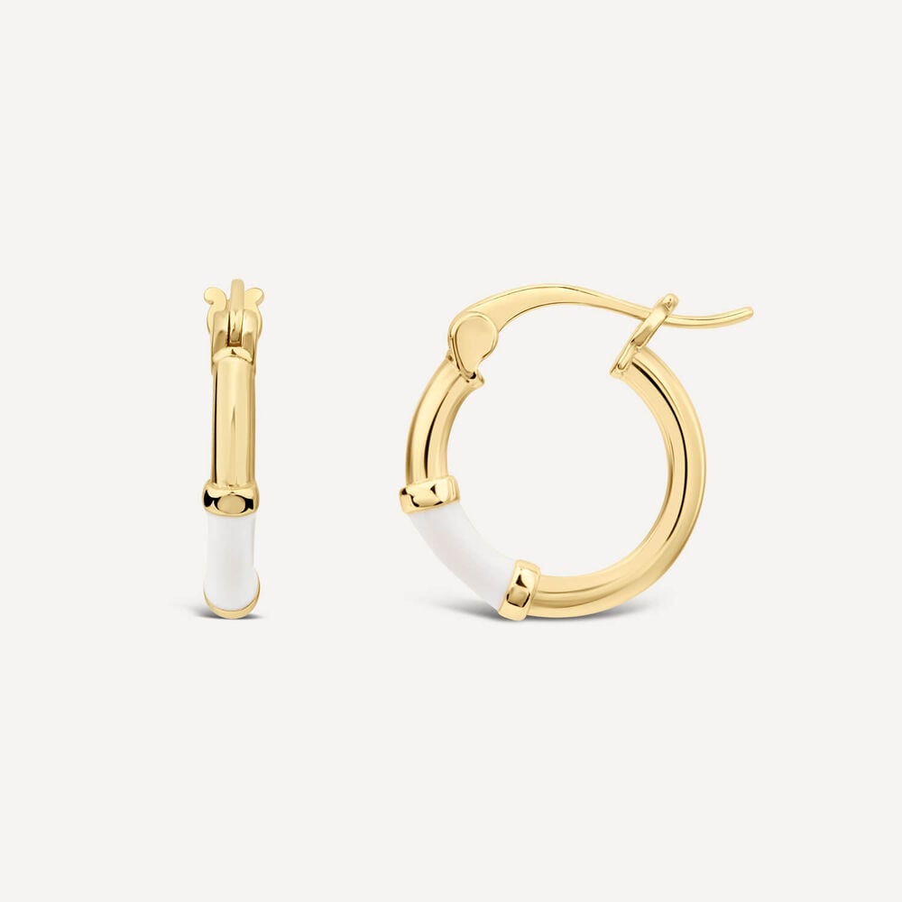 Sterling Silver & Yellow Gold Plated White Enamel Hoop Earrings image number 2