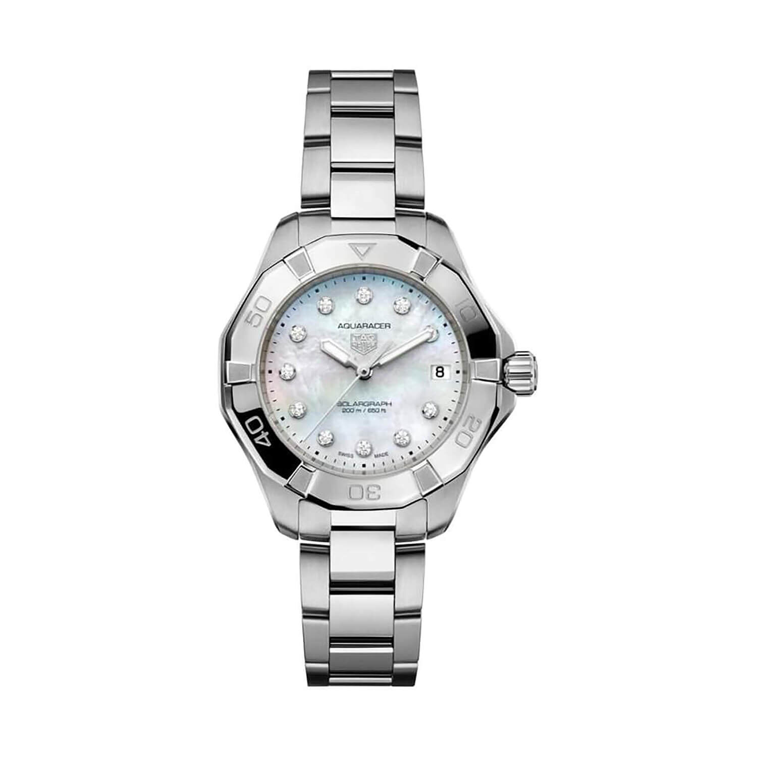 TAG Heuer Aquaracer Professional 200 Solargraph 34mm MOP Dial Diamond Dots Steel Bracelet Watch