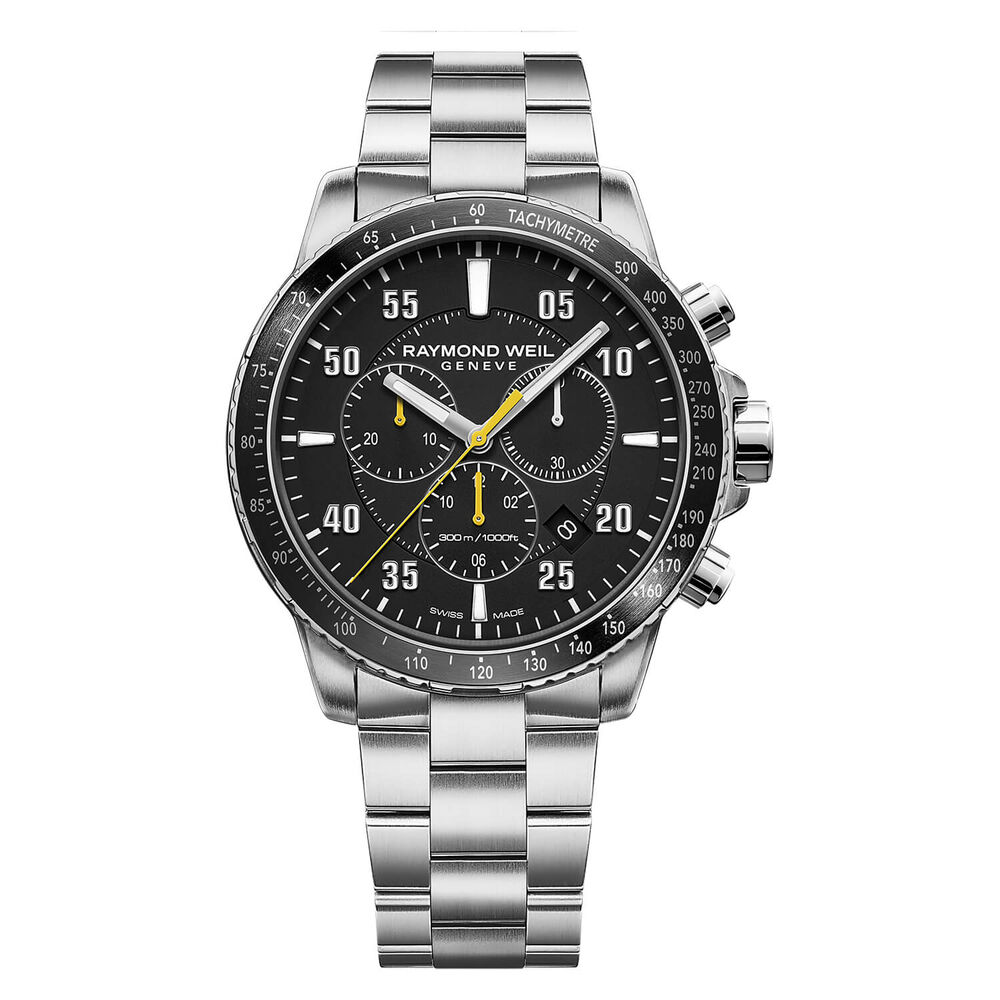 Raymond Weil Tango 43mm Quartz Black Dial Chronograph Yellow Detail Steel Case Bracelet Watch