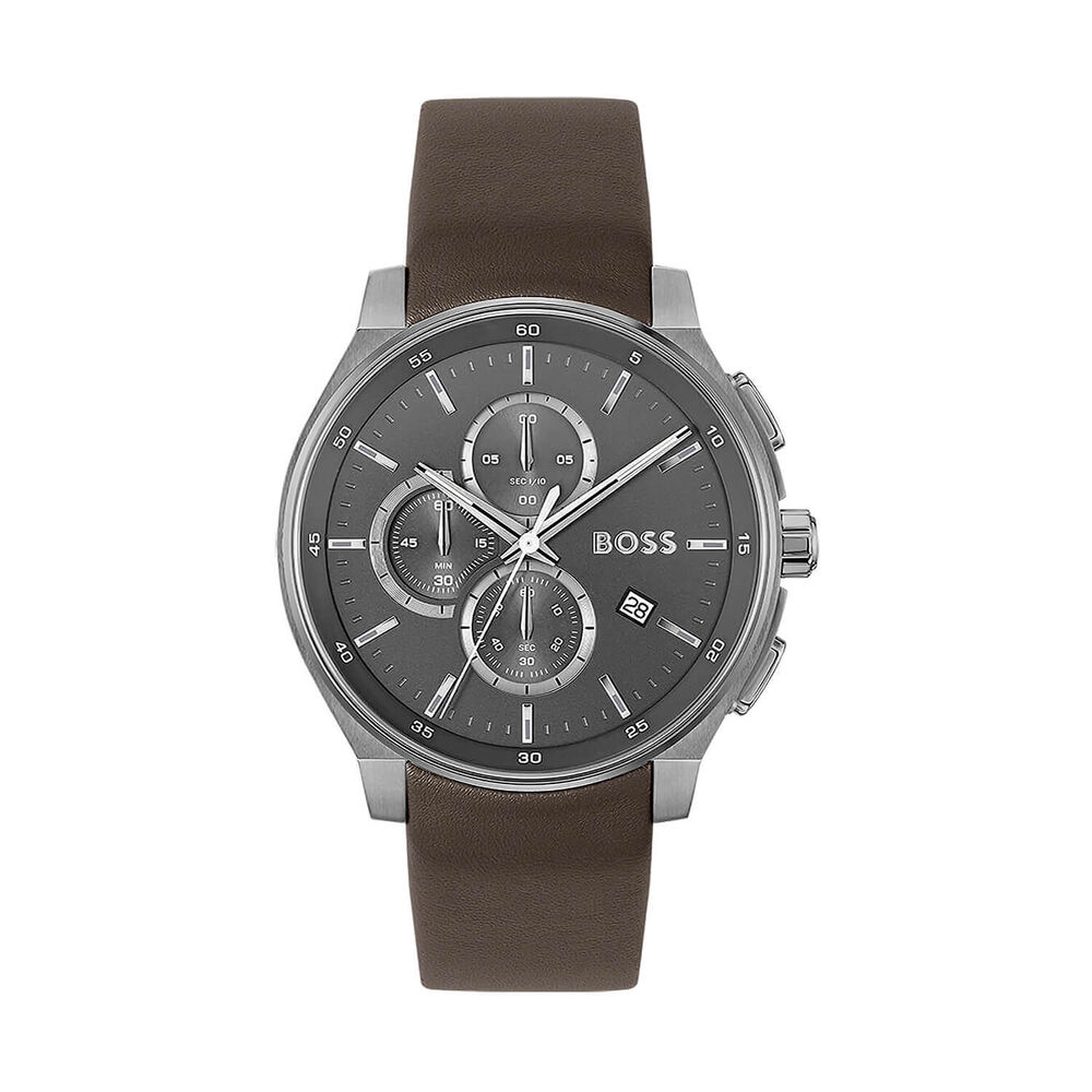 BOSS Peak 2.0 Chronograph 45mm Grey Matte Dial Brown Leather Strap Watch image number 0