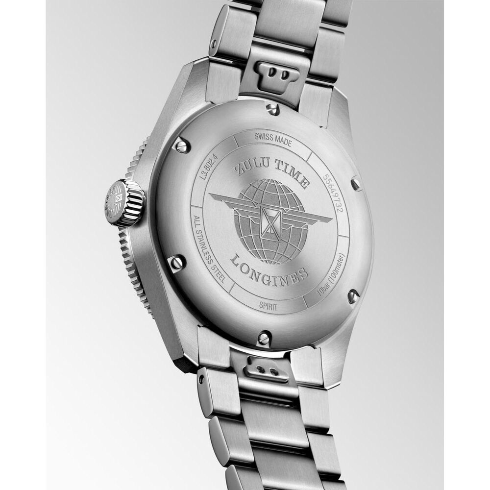 Longines Spirit Zulu Time 39mm Black Dial Blue Bezel Steel Bracelet Watch image number 4
