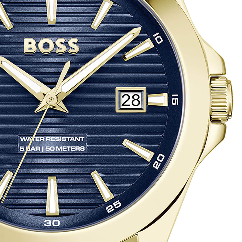 BOSS Strike 41mm Blue Textured Dial Gold Tone Steel Bracelet Watch image number 1