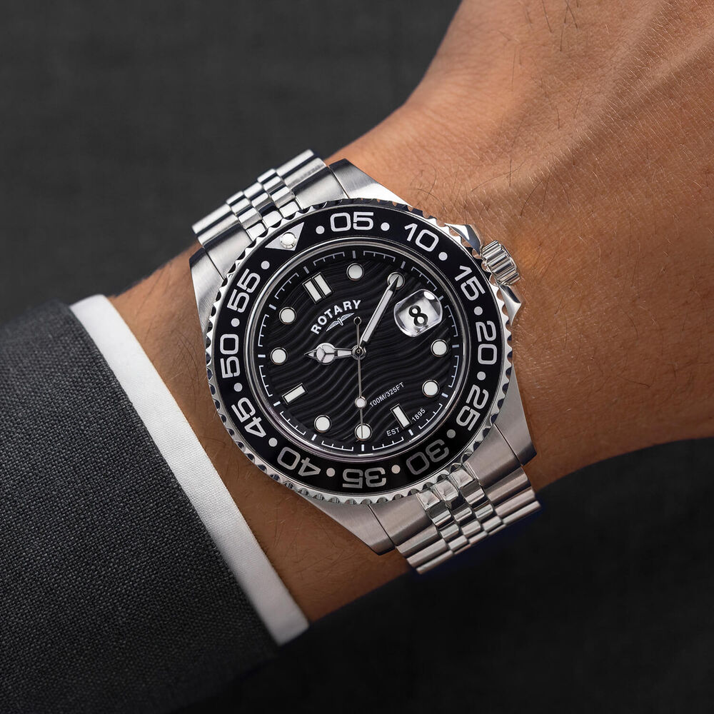 Rotary Apex 100 45mm Black Dial Stainless Steel Bracelet Watch