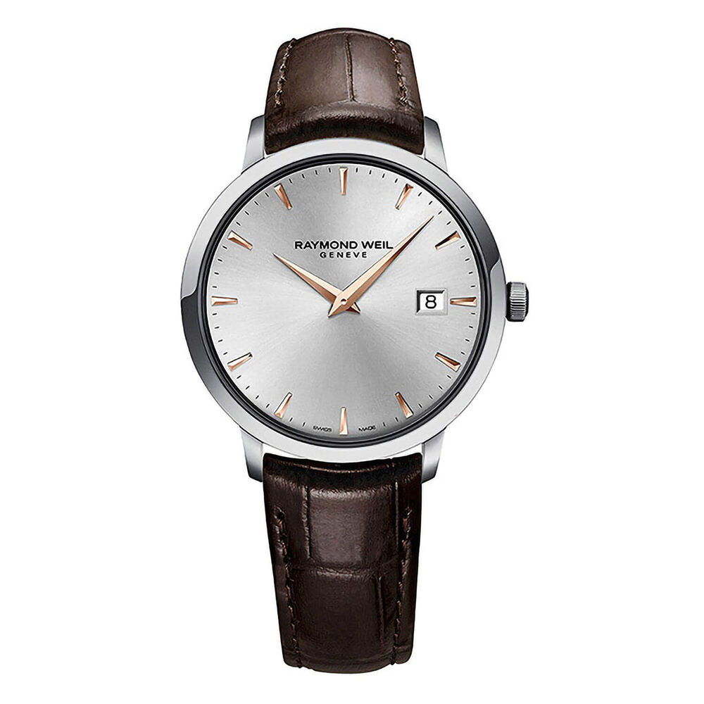Raymond Weil Toccata Silver and Rose Gold Baton Dial with Brown Strap Watch
