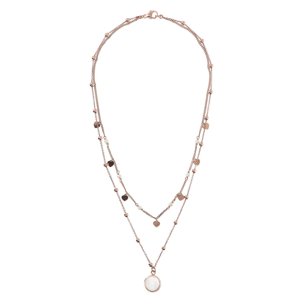 Bronzallure 18ct Rose Gold Plated Hearts And White MOP Stones Double Strand Necklace