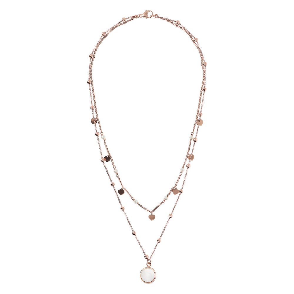 Bronzallure 18ct Rose Gold Plated Hearts And White Mother of Pearl Stones Double Strand Necklace