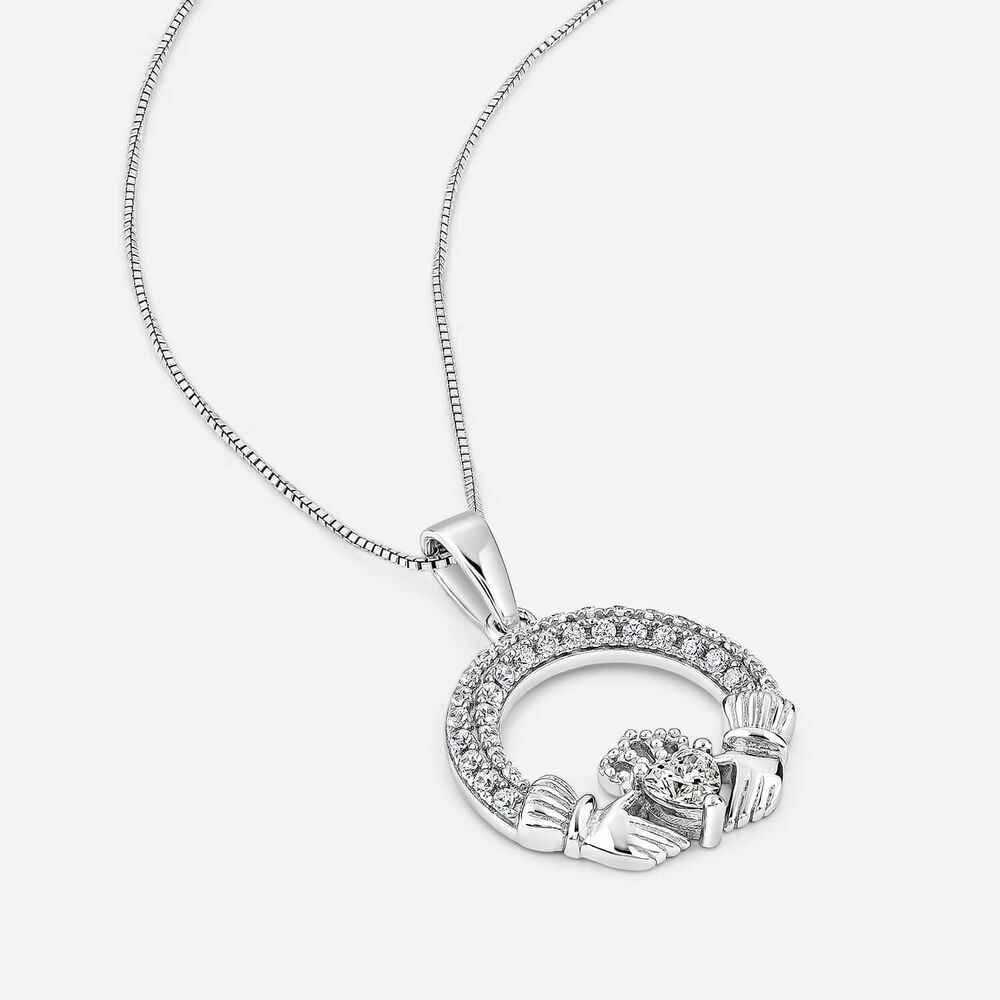 Sterling Silver April Birthstone Pave Cubic Zirconia Claddagh Pendant image number 3