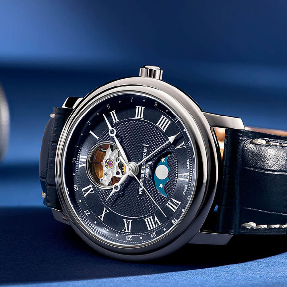 Frederique Constant Classics Heart Beat Moonphase Date 40mm Blue Dial Leather Strap Watch image number 3