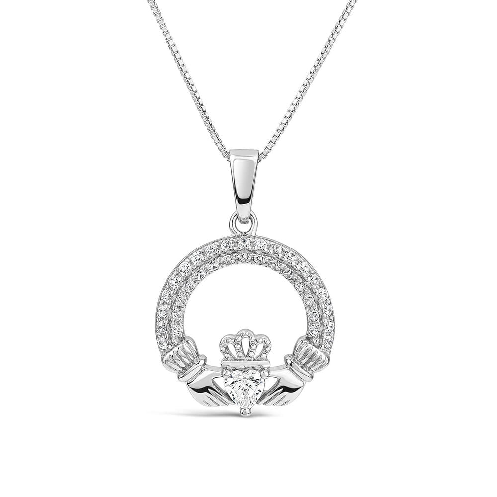 Sterling Silver April Birthstone Pave Cubic Zirconia Claddagh Pendant image number 0