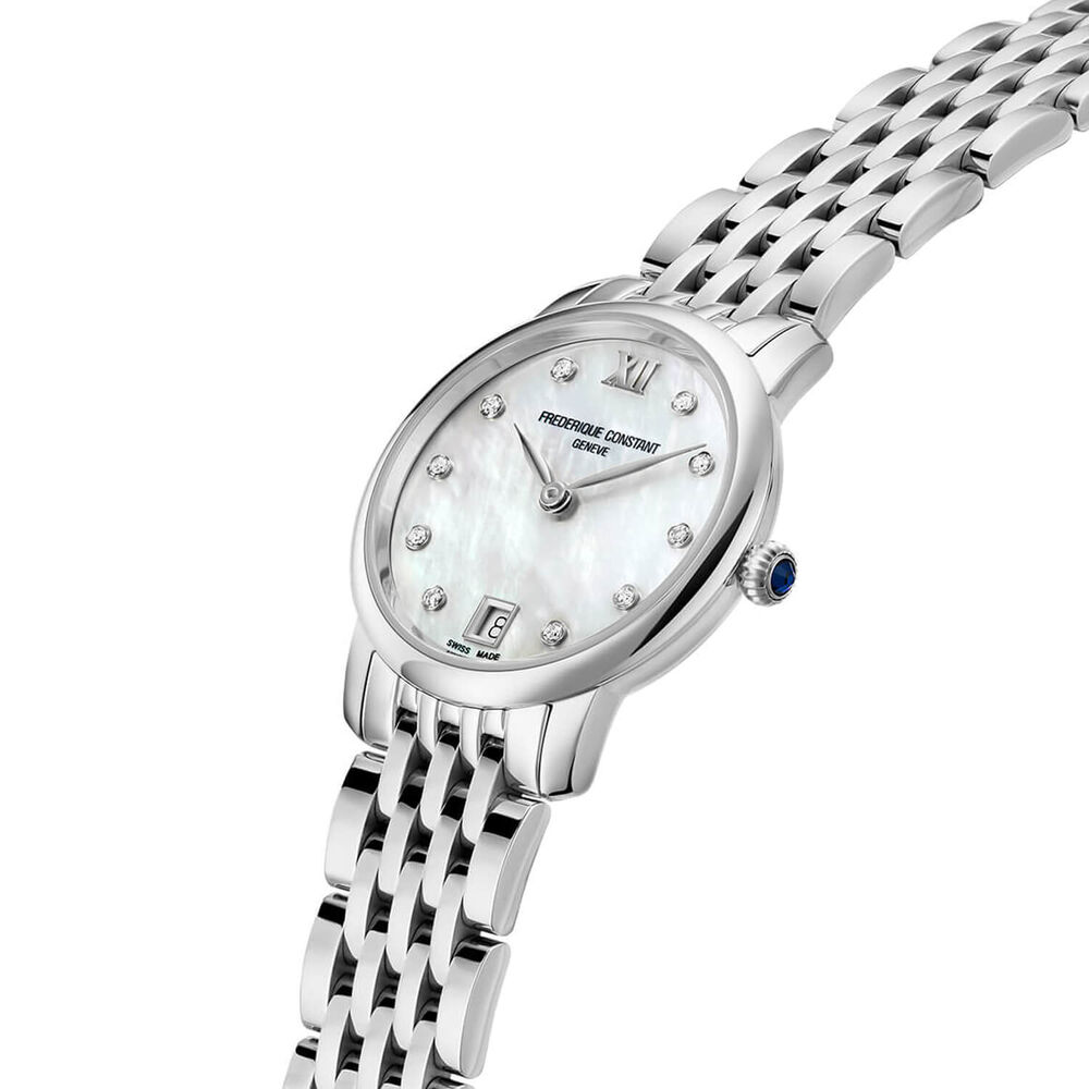Frederique Constant Slimline 30mm MOP Dial Diamond Dots Steel Bracelet Watch image number 1