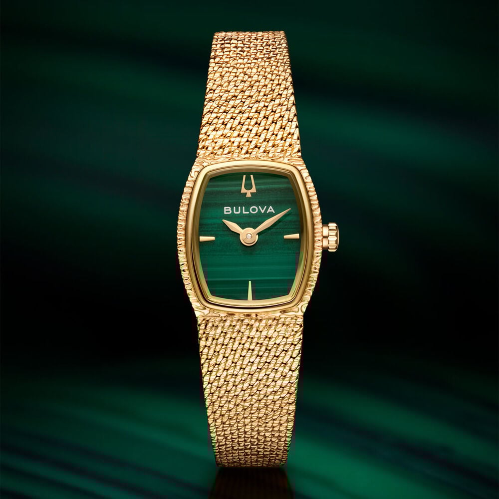 Bulova Goddess of Time 17mm Green Malachite Dial Gold Tone Steel Mesh Bracelet Watch image number 7