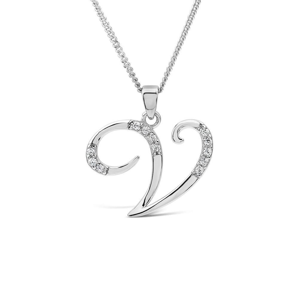 Sterling Silver Script Cubic Zirconia Initial V Pendant image number 0