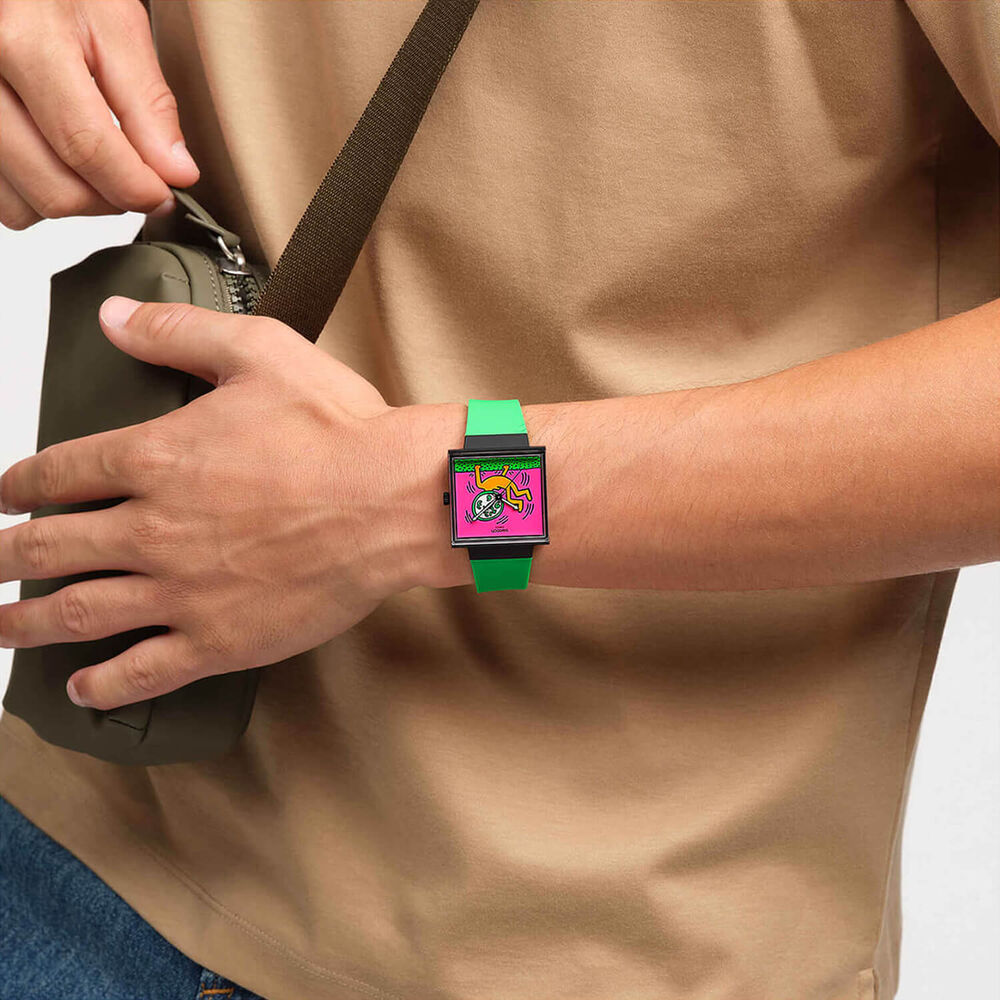 Swatch Break Time 41.8mm Square Multi Colour Dial Green Silicone Strap Watch image number 5