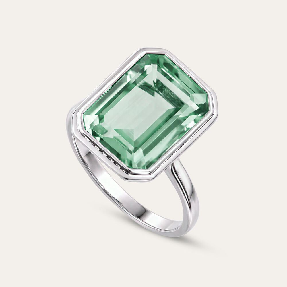 Sterling Silver Rectangular Green Quartz Bezel Set Ring