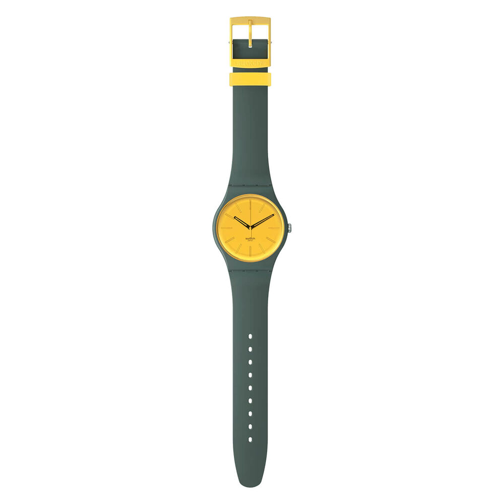 Swatch Gold in The Garden 41mm Yellow Dial Green Strap Watch image number 2