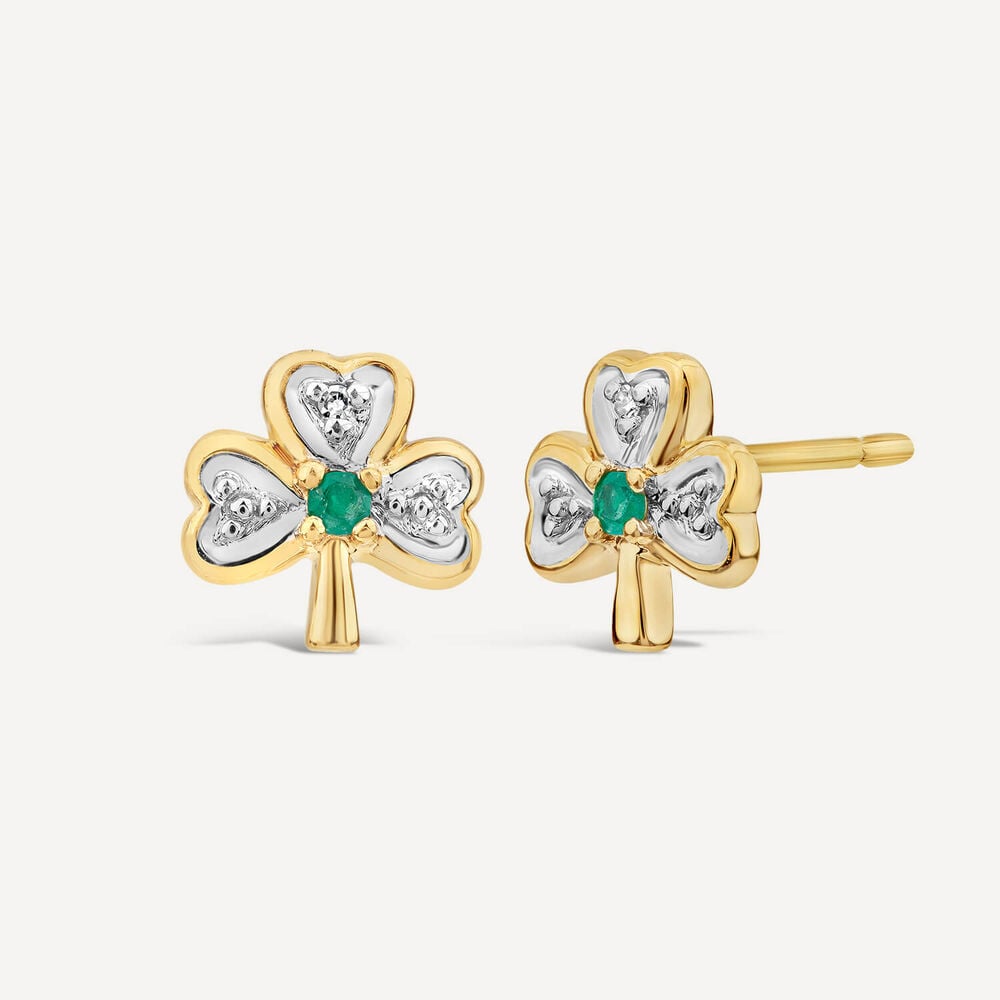14ct Yellow Gold Diamond & Emerald Shamrock Stud Earrings image number 1