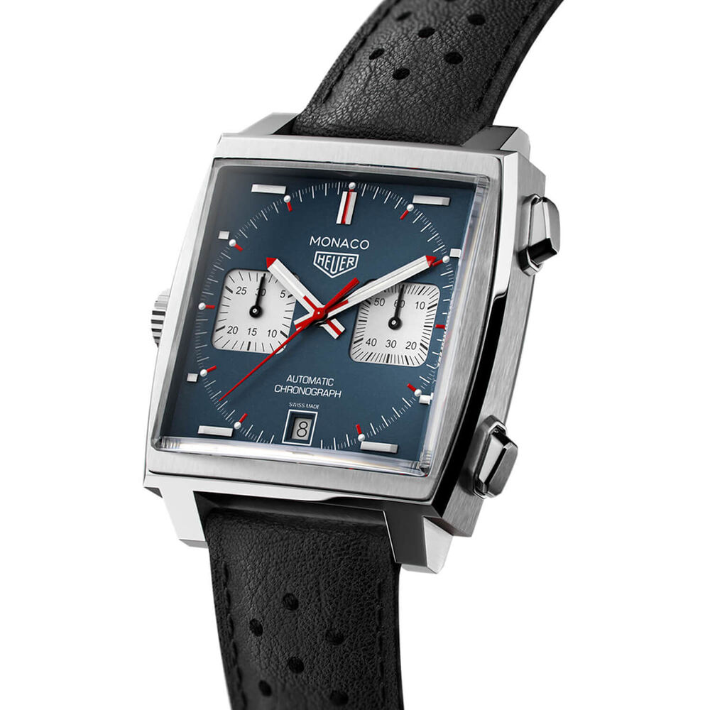 Pre-Owned TAG Heuer Monaco Chronograph 39mm Blue Dial Black Leather Strap Watch