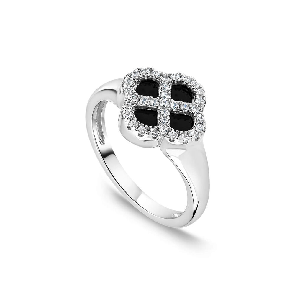 Sterling Silver Black Centre Cubic Zirconia Clover Petal Ring